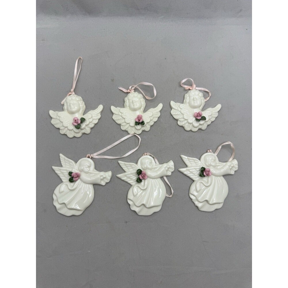 Lot of 6 Cherubs Angels Ornaments Ceramic Pink Roses Christmas Tree Ornaments